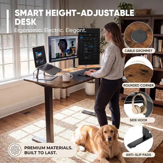 Alt view image 4 of 7 - Electric Height Adjustable Standing Desk Large 48 x 24 Inches Sit Stand up Desk Home Office Computer Desk Memory Preset with T-Shaped Metal Bracke, Brown