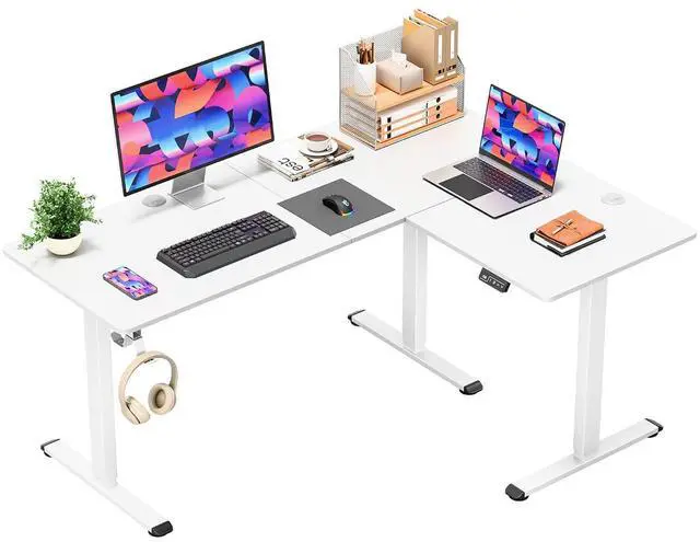 Main image of 63 x 48 Inch L Shaped Standing Desk with 2 Preset Heights, Electric Height Adjustable Computer Table, 2 Hooks & Feet Balance, Corner Sit Stand Desk for Home Office (White, 63 x 48 Inch)