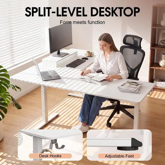 Alt view image 4 of 7 - 63 x 48 Inch L Shaped Standing Desk with 2 Preset Heights, Electric Height Adjustable Computer Table, 2 Hooks & Feet Balance, Corner Sit Stand Desk for Home Office (White, 63 x 48 Inch)