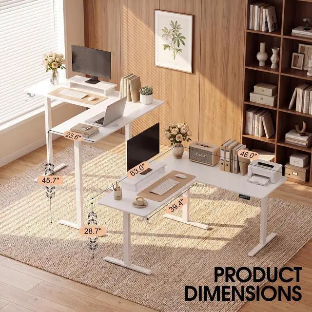 Alt view image 7 of 7 - 63 x 48 Inch L Shaped Standing Desk with 2 Preset Heights, Electric Height Adjustable Computer Table, 2 Hooks & Feet Balance, Corner Sit Stand Desk for Home Office (White, 63 x 48 Inch)