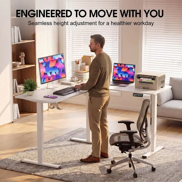 Alt view image 6 of 7 - 63 x 48 Inch L Shaped Standing Desk with 2 Preset Heights, Electric Height Adjustable Computer Table, 2 Hooks & Feet Balance, Corner Sit Stand Desk for Home Office (White, 63 x 48 Inch)