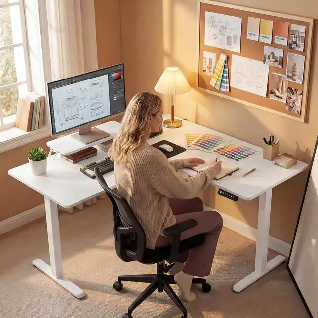 Alt view image 2 of 7 - 63 x 47 Inch L Shaped Standing Desk with 2 Preset Heights, Electric Height Adjustable Computer Desk, Corner Sit Stand Desk for Home Office, 2 Hooks & Feet Balance (White, 63 x 47 Inch)