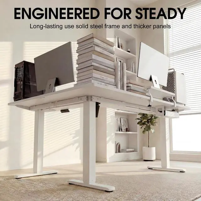 Alt view image 3 of 7 - 63 x 47 Inch L Shaped Standing Desk with 2 Preset Heights, Electric Height Adjustable Computer Desk, Corner Sit Stand Desk for Home Office, 2 Hooks & Feet Balance (White, 63 x 47 Inch)