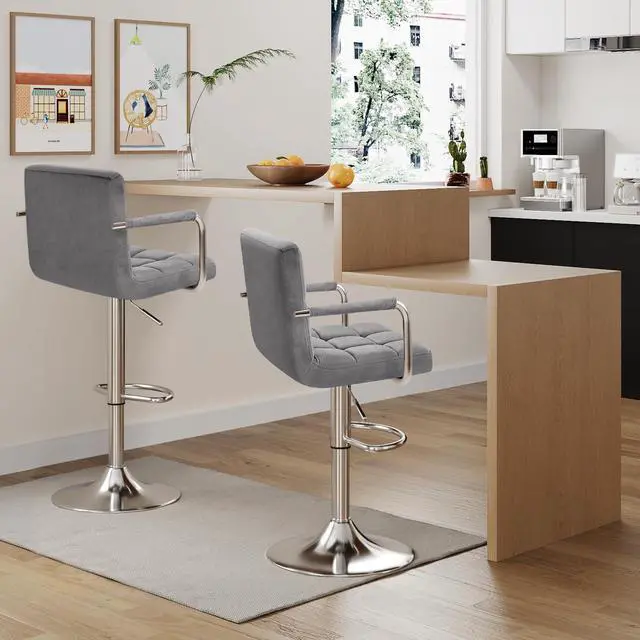 Alt view image 2 of 7 - Bar Stools with Armrest Modern Velvet Swivel Adjustable Hydraulic Bar Stool X-Large Base and Seat Square Counter Height Stool Set of 2 (Gray)