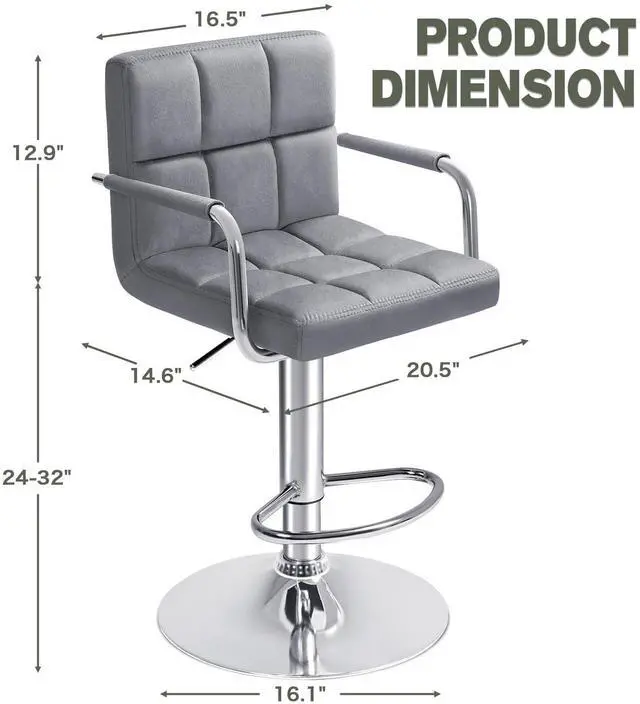 Alt view image 3 of 7 - Bar Stools with Armrest Modern Velvet Swivel Adjustable Hydraulic Bar Stool X-Large Base and Seat Square Counter Height Stool Set of 2 (Gray)