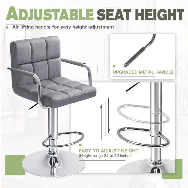 Alt view image 6 of 7 - Bar Stools with Armrest Modern Velvet Swivel Adjustable Hydraulic Bar Stool X-Large Base and Seat Square Counter Height Stool Set of 2 (Gray)