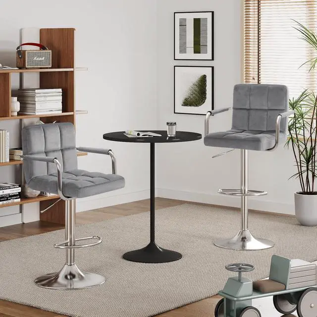 Alt view image 7 of 7 - Bar Stools with Armrest Modern Velvet Swivel Adjustable Hydraulic Bar Stool X-Large Base and Seat Square Counter Height Stool Set of 2 (Gray)