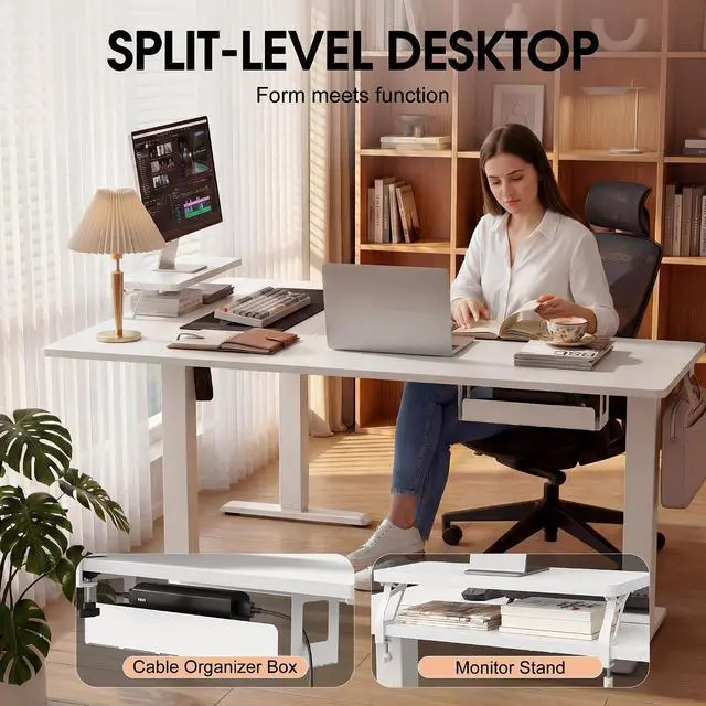 Alt view image 4 of 7 - 63 x 47 Inch L Shaped Standing Desk with 2 Preset Heights, Electric Height Adjustable Computer Desk, Corner Sit Stand Desk for Home Office, 2 Hooks & Feet Balance (White, 63 x 47 Inch)