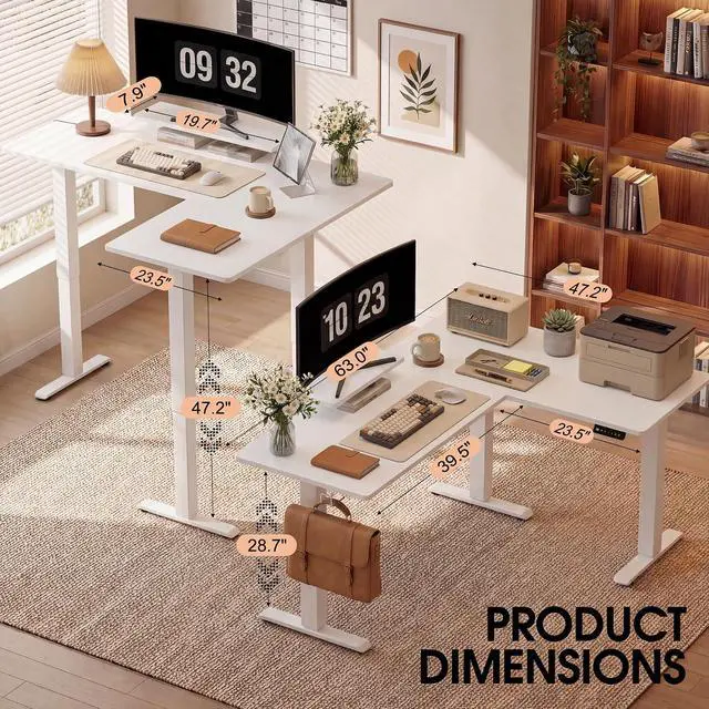 Alt view image 7 of 7 - 63 x 47 Inch L Shaped Standing Desk with 2 Preset Heights, Electric Height Adjustable Computer Desk, Corner Sit Stand Desk for Home Office, 2 Hooks & Feet Balance (White, 63 x 47 Inch)