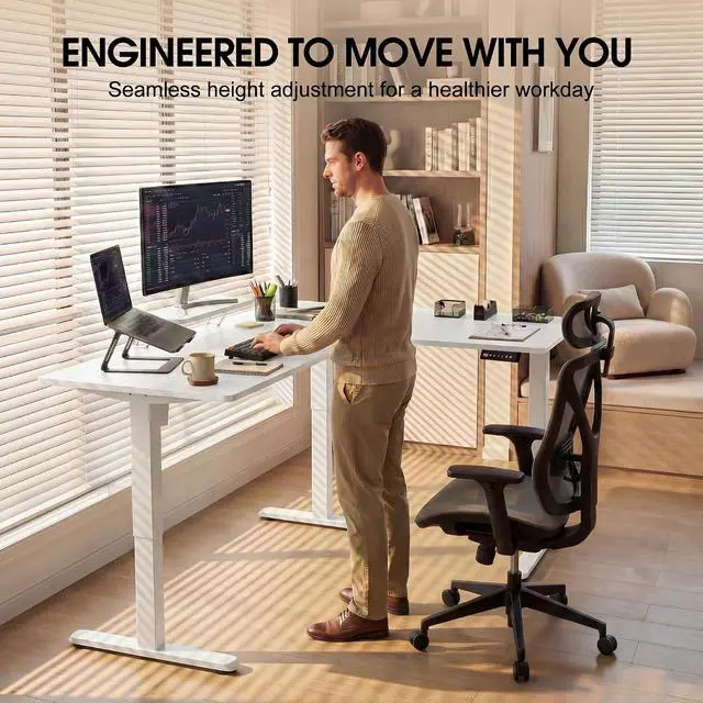 Alt view image 6 of 7 - 63 x 47 Inch L Shaped Standing Desk with 2 Preset Heights, Electric Height Adjustable Computer Desk, Corner Sit Stand Desk for Home Office, 2 Hooks & Feet Balance (White, 63 x 47 Inch)