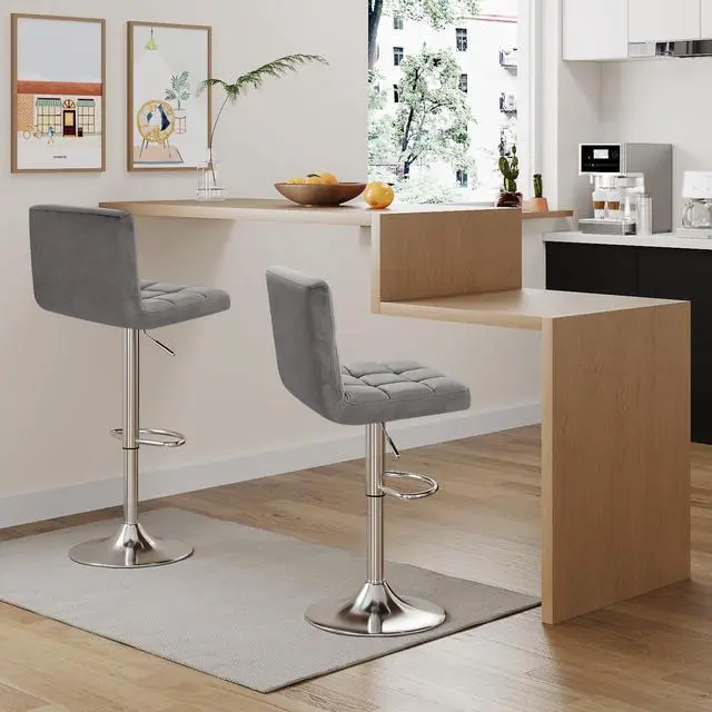 Alt view image 2 of 7 - Bar Stools Armless Modern Velvet Swivel Adjustable Hydraulic Bar Stool Square Counter Height Stool Set of 2 (Light Grey)