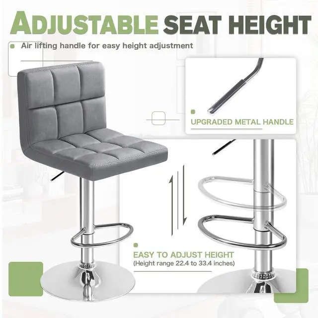 Alt view image 6 of 7 - Bar Stools Armless Modern Velvet Swivel Adjustable Hydraulic Bar Stool Square Counter Height Stool Set of 2 (Light Grey)