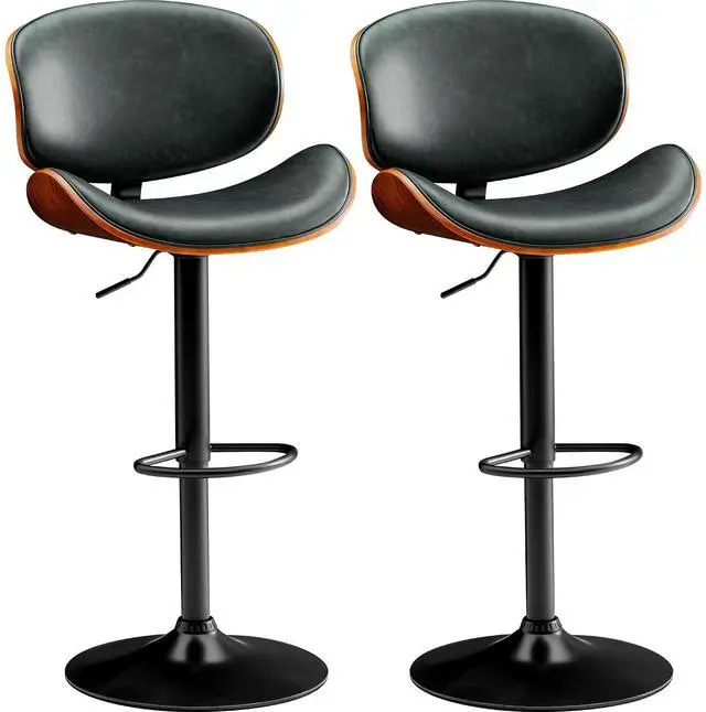 Main image of Bar Stools Set of 2 Adjustable Swivel Bentwood Barstools PU Leather Modern Bar Chairs with Back & Footrest for Bar, Kitchen Island, Dining Room (Grenn, Set of 2)