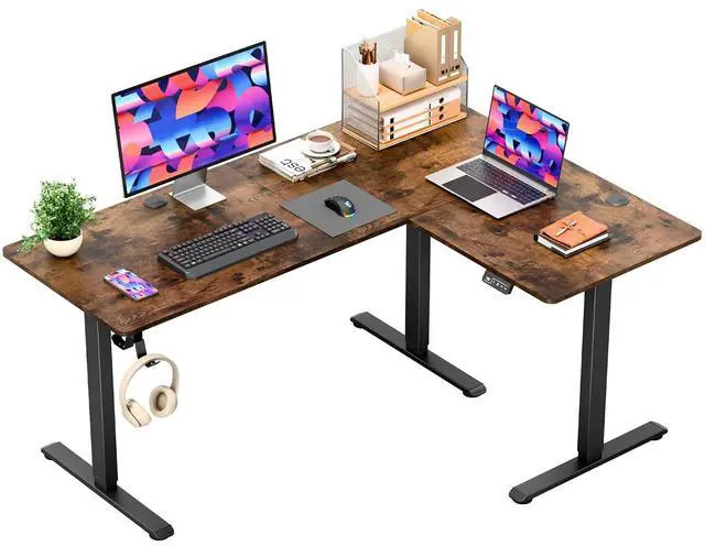 Main image of 63 x 48 Inch L Shaped Standing Desk with 2 Preset Heights, Electric Height Adjustable Computer Table, 2 Hooks & Feet Balance, Corner Sit Stand Desk for Home Office (Rustic Brown, 63 x 48 Inch)
