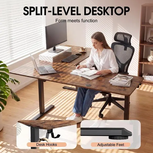Alt view image 2 of 6 - 63 x 48 Inch L Shaped Standing Desk with 2 Preset Heights, Electric Height Adjustable Computer Table, 2 Hooks & Feet Balance, Corner Sit Stand Desk for Home Office (Rustic Brown, 63 x 48 Inch)