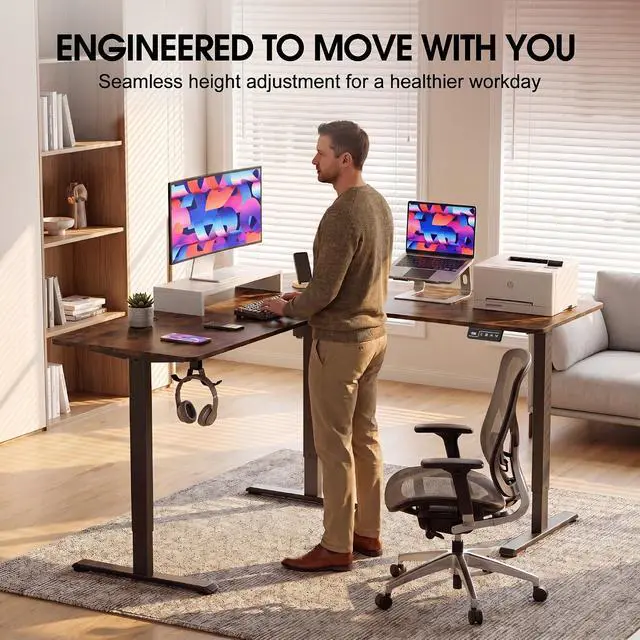 Alt view image 5 of 6 - 63 x 48 Inch L Shaped Standing Desk with 2 Preset Heights, Electric Height Adjustable Computer Table, 2 Hooks & Feet Balance, Corner Sit Stand Desk for Home Office (Rustic Brown, 63 x 48 Inch)