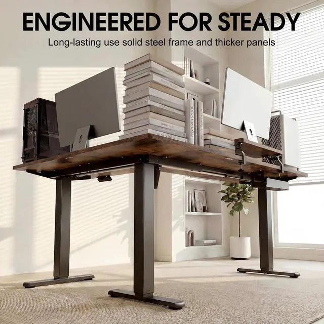 Alt view image 3 of 7 - 63 x 47 Inch L Shaped Standing Desk with 2 Preset Heights, Electric Height Adjustable Computer Desk, Corner Sit Stand Desk for Home Office, 2 Hooks & Feet Balance (Rustic Brown, 63 x 47 Inch)