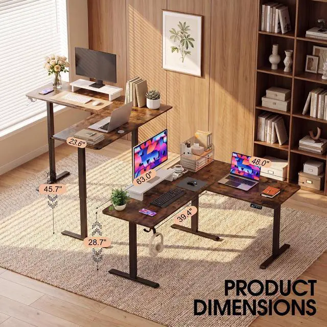 Alt view image 6 of 6 - 63 x 48 Inch L Shaped Standing Desk with 2 Preset Heights, Electric Height Adjustable Computer Table, 2 Hooks & Feet Balance, Corner Sit Stand Desk for Home Office (Rustic Brown, 63 x 48 Inch)