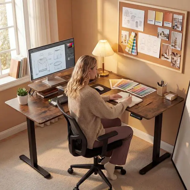 Alt view image 2 of 7 - 63 x 47 Inch L Shaped Standing Desk with 2 Preset Heights, Electric Height Adjustable Computer Desk, Corner Sit Stand Desk for Home Office, 2 Hooks & Feet Balance (Rustic Brown, 63 x 47 Inch)