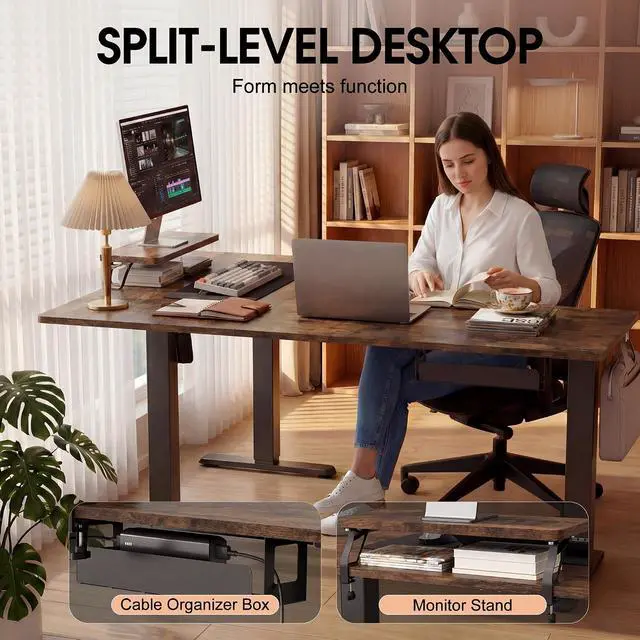 Alt view image 4 of 7 - 63 x 47 Inch L Shaped Standing Desk with 2 Preset Heights, Electric Height Adjustable Computer Desk, Corner Sit Stand Desk for Home Office, 2 Hooks & Feet Balance (Rustic Brown, 63 x 47 Inch)