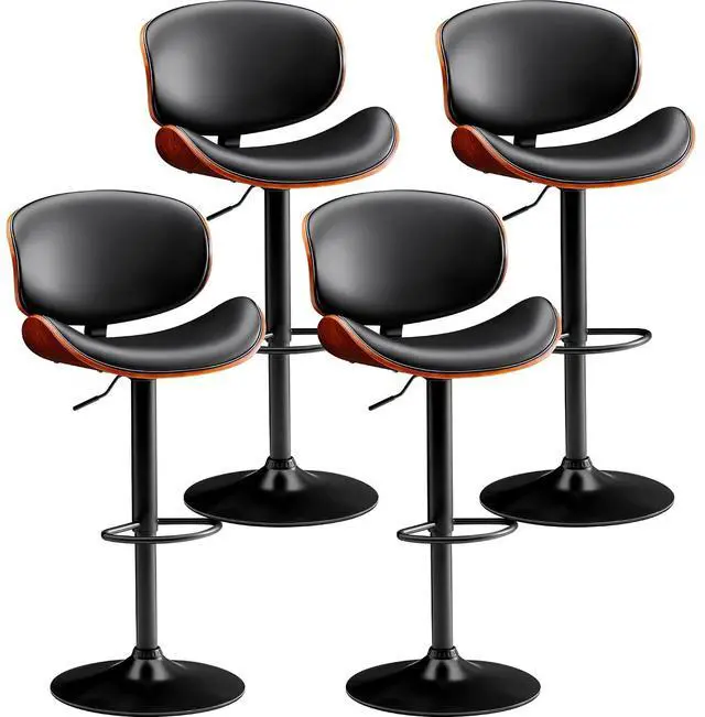 Main image of Bar Stools Set of 4 Adjustable Swivel Bentwood Barstools PU Leather Modern Bar Chairs with Back & Footrest for Bar, Kitchen Island, Dining Room (Black, Set of 4)