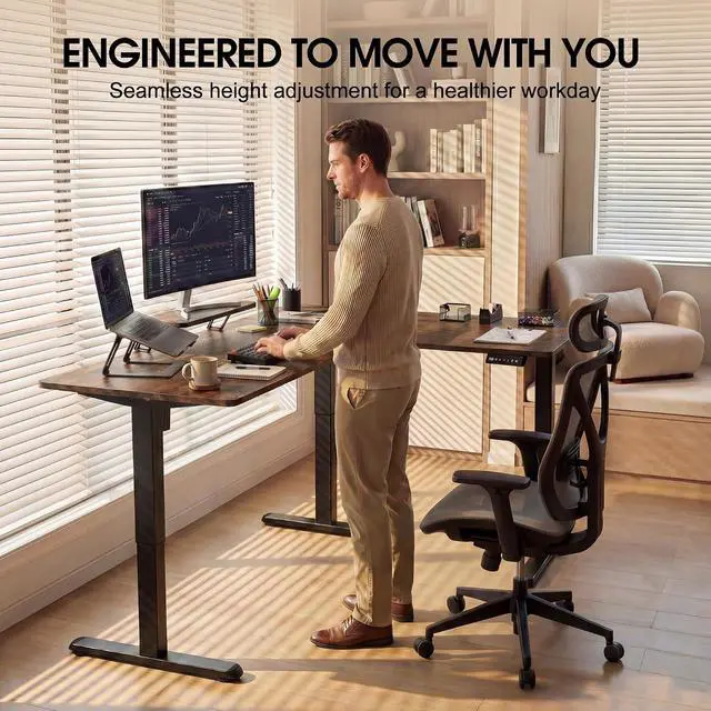 Alt view image 6 of 7 - 63 x 47 Inch L Shaped Standing Desk with 2 Preset Heights, Electric Height Adjustable Computer Desk, Corner Sit Stand Desk for Home Office, 2 Hooks & Feet Balance (Rustic Brown, 63 x 47 Inch)