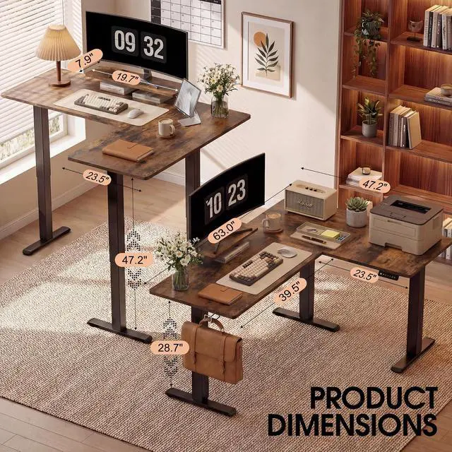 Alt view image 7 of 7 - 63 x 47 Inch L Shaped Standing Desk with 2 Preset Heights, Electric Height Adjustable Computer Desk, Corner Sit Stand Desk for Home Office, 2 Hooks & Feet Balance (Rustic Brown, 63 x 47 Inch)