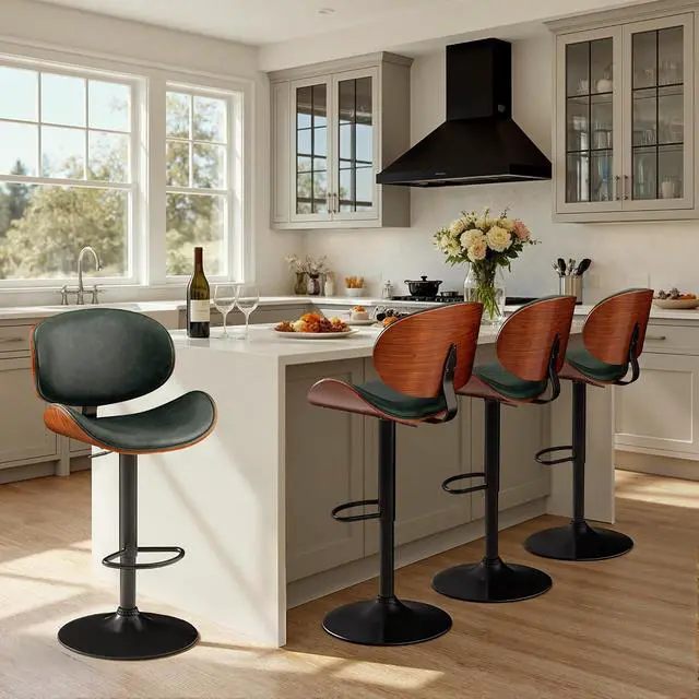 Alt view image 2 of 7 - Bar Stools Set of 2 Adjustable Swivel Bentwood Barstools PU Leather Modern Bar Chairs with Back & Footrest for Bar, Kitchen Island, Dining Room (Grenn, Set of 2)