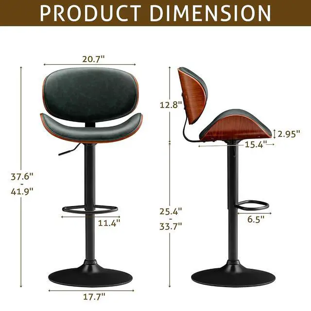 Alt view image 3 of 7 - Bar Stools Set of 2 Adjustable Swivel Bentwood Barstools PU Leather Modern Bar Chairs with Back & Footrest for Bar, Kitchen Island, Dining Room (Grenn, Set of 2)