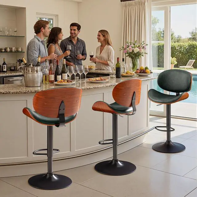 Alt view image 7 of 7 - Bar Stools Set of 2 Adjustable Swivel Bentwood Barstools PU Leather Modern Bar Chairs with Back & Footrest for Bar, Kitchen Island, Dining Room (Grenn, Set of 2)