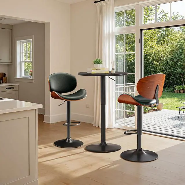 Alt view image 6 of 7 - Bar Stools Set of 2 Adjustable Swivel Bentwood Barstools PU Leather Modern Bar Chairs with Back & Footrest for Bar, Kitchen Island, Dining Room (Grenn, Set of 2)