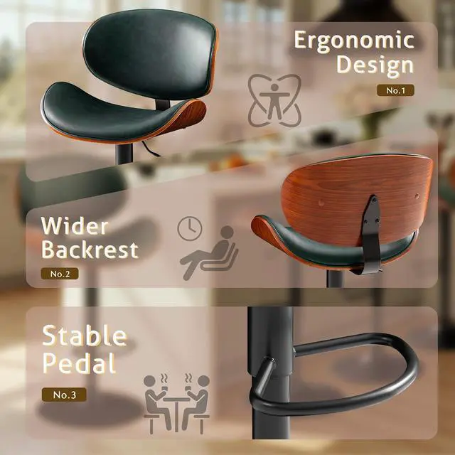 Alt view image 4 of 7 - Bar Stools Set of 2 Adjustable Swivel Bentwood Barstools PU Leather Modern Bar Chairs with Back & Footrest for Bar, Kitchen Island, Dining Room (Grenn, Set of 2)