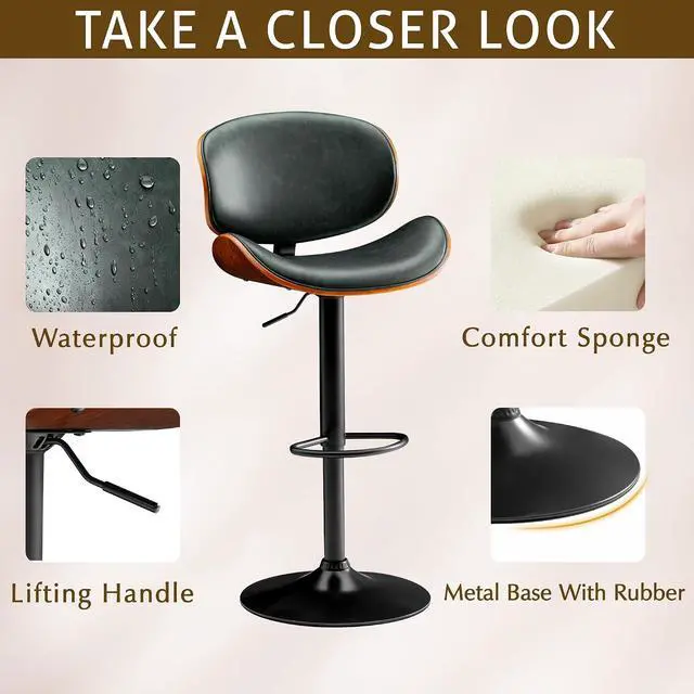 Alt view image 5 of 7 - Bar Stools Set of 2 Adjustable Swivel Bentwood Barstools PU Leather Modern Bar Chairs with Back & Footrest for Bar, Kitchen Island, Dining Room (Grenn, Set of 2)