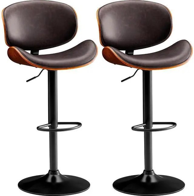 Main image of Bar Stools Set of 2 Adjustable Swivel Bentwood Barstools PU Leather Modern Bar Chairs with Back & Footrest for Bar, Kitchen Island, Dining Room (Brown, Set of 2)