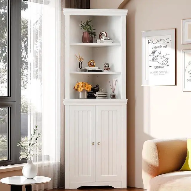 Alt view image 2 of 7 - 62" Corner Cabinet, Bathroom Storage Cabinet with 6 Adjustable Shelves & 2 Doors, Freestanding Corner Shelf for Living Room, Bathroom, Kitchen (White)