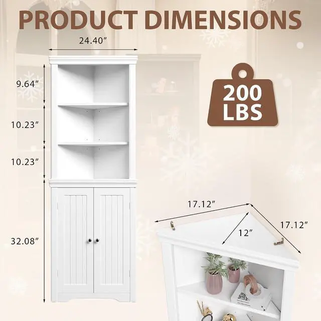 Alt view image 3 of 7 - 62" Corner Cabinet, Bathroom Storage Cabinet with 6 Adjustable Shelves & 2 Doors, Freestanding Corner Shelf for Living Room, Bathroom, Kitchen (White)