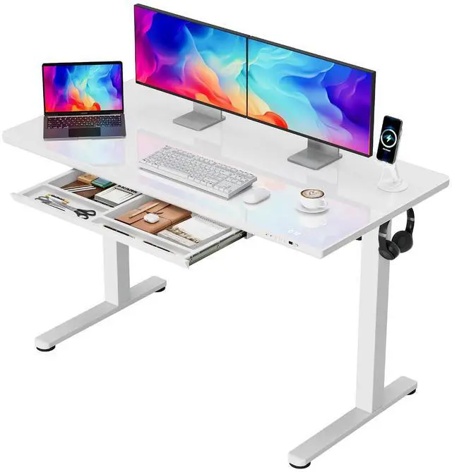 Main image of Glass Standing Desk with Drawers, Electric Adjustable Home Office Sit Stand Desk with One-Piece Desktop & USB Charging Port for Computer Desks