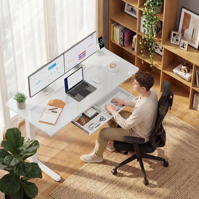 Alt view image 6 of 7 - Glass Standing Desk with Drawers, Electric Adjustable Home Office Sit Stand Desk with One-Piece Desktop & USB Charging Port for Computer Desks