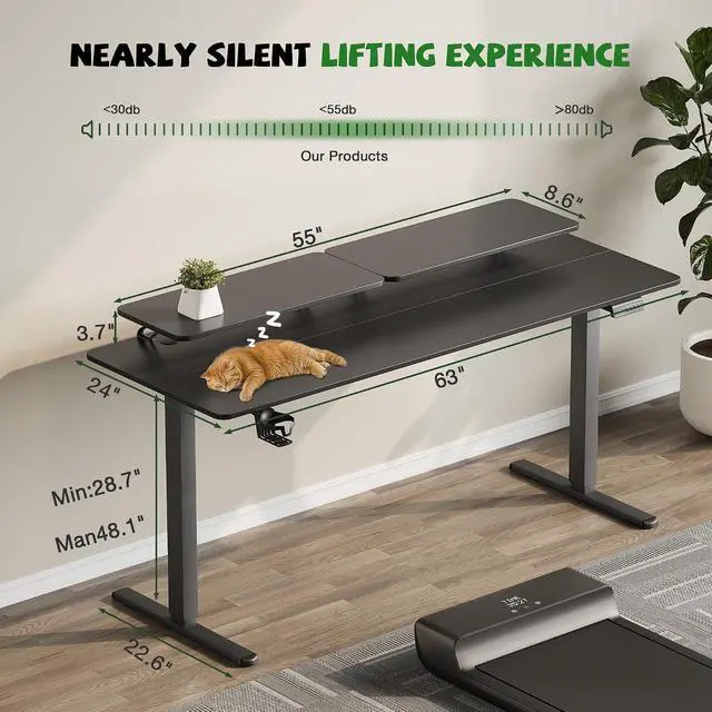 Alt view image 3 of 7 - Electric Standing Desk, 63 x 24 Inches Sit Stand up Desk, Sit Stand Height Adjustable Home Office Desk with Monitor Stand (Black, 63)