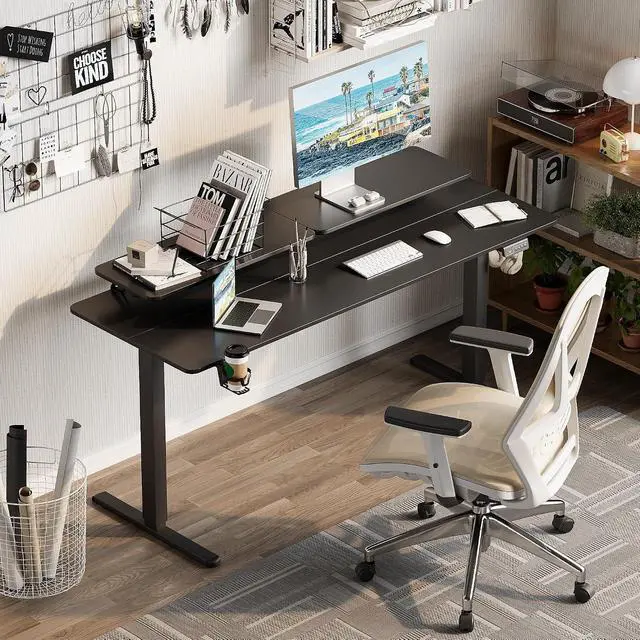 Alt view image 2 of 7 - Electric Standing Desk, 63 x 24 Inches Sit Stand up Desk, Sit Stand Height Adjustable Home Office Desk with Monitor Stand (Black, 63)