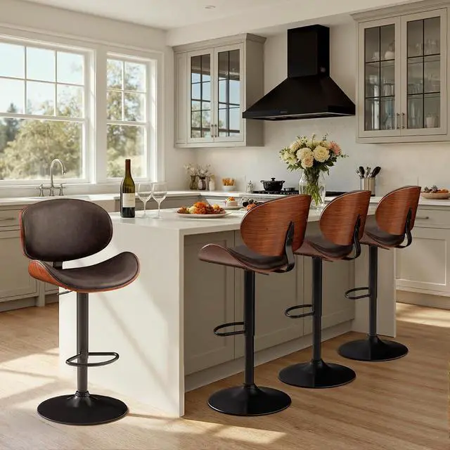 Alt view image 2 of 7 - Bar Stools Set of 2 Adjustable Swivel Bentwood Barstools PU Leather Modern Bar Chairs with Back & Footrest for Bar, Kitchen Island, Dining Room (Brown, Set of 2)