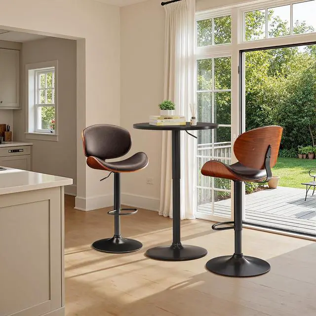 Alt view image 6 of 7 - Bar Stools Set of 2 Adjustable Swivel Bentwood Barstools PU Leather Modern Bar Chairs with Back & Footrest for Bar, Kitchen Island, Dining Room (Brown, Set of 2)