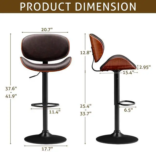 Alt view image 3 of 7 - Bar Stools Set of 2 Adjustable Swivel Bentwood Barstools PU Leather Modern Bar Chairs with Back & Footrest for Bar, Kitchen Island, Dining Room (Brown, Set of 2)