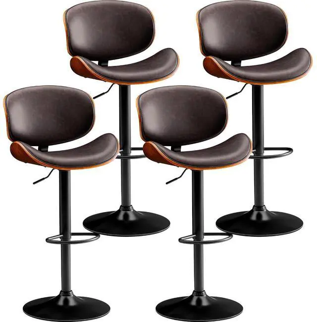 Main image of Bar Stools Set of 4 Adjustable Swivel Bentwood Barstools PU Leather Modern Bar Chairs with Back & Footrest for Bar, Kitchen Island, Dining Room (Brown, Set of 4)
