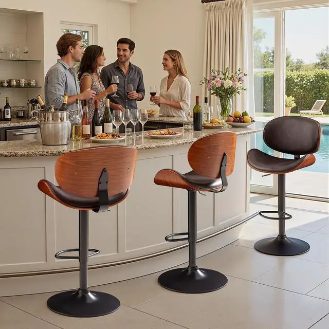 Alt view image 7 of 7 - Bar Stools Set of 2 Adjustable Swivel Bentwood Barstools PU Leather Modern Bar Chairs with Back & Footrest for Bar, Kitchen Island, Dining Room (Brown, Set of 2)