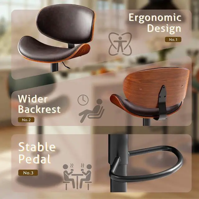 Alt view image 4 of 7 - Bar Stools Set of 2 Adjustable Swivel Bentwood Barstools PU Leather Modern Bar Chairs with Back & Footrest for Bar, Kitchen Island, Dining Room (Brown, Set of 2)