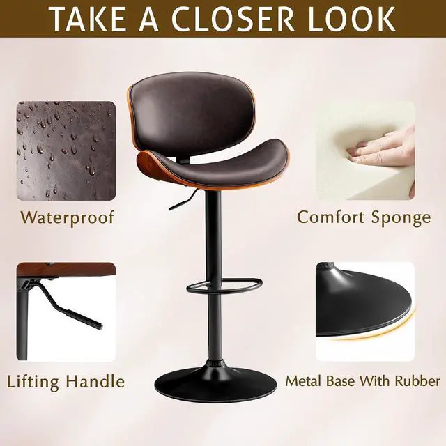 Alt view image 5 of 7 - Bar Stools Set of 2 Adjustable Swivel Bentwood Barstools PU Leather Modern Bar Chairs with Back & Footrest for Bar, Kitchen Island, Dining Room (Brown, Set of 2)