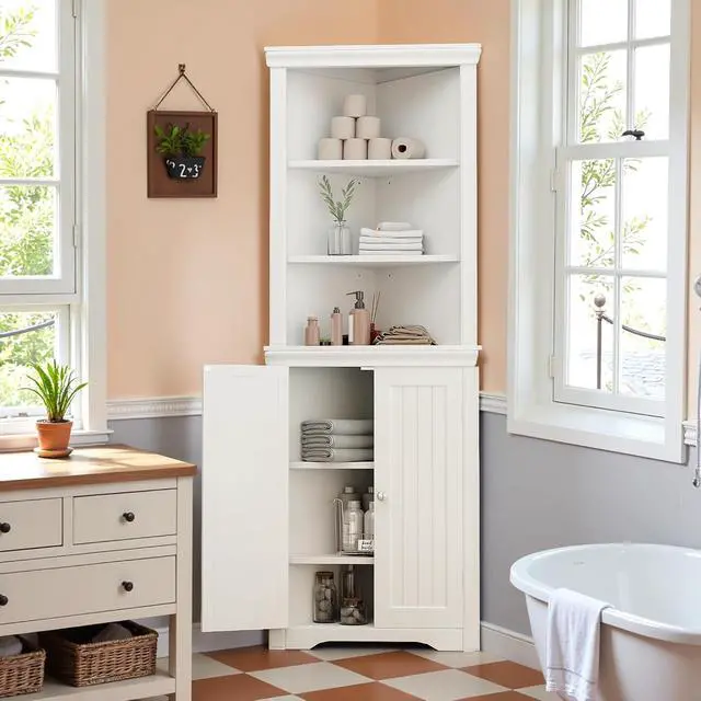 Alt view image 4 of 7 - 62" Corner Cabinet, Bathroom Storage Cabinet with 6 Adjustable Shelves & 2 Doors, Freestanding Corner Shelf for Living Room, Bathroom, Kitchen (White)