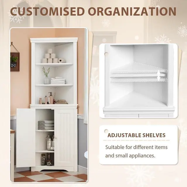Alt view image 5 of 7 - 62" Corner Cabinet, Bathroom Storage Cabinet with 6 Adjustable Shelves & 2 Doors, Freestanding Corner Shelf for Living Room, Bathroom, Kitchen (White)