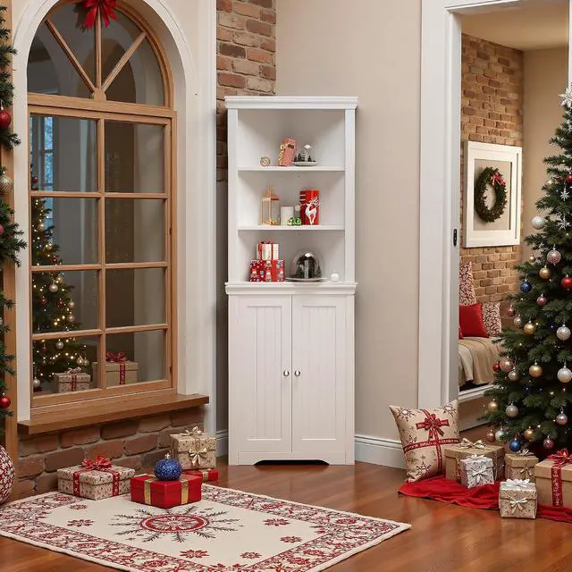 Alt view image 6 of 7 - 62" Corner Cabinet, Bathroom Storage Cabinet with 6 Adjustable Shelves & 2 Doors, Freestanding Corner Shelf for Living Room, Bathroom, Kitchen (White)